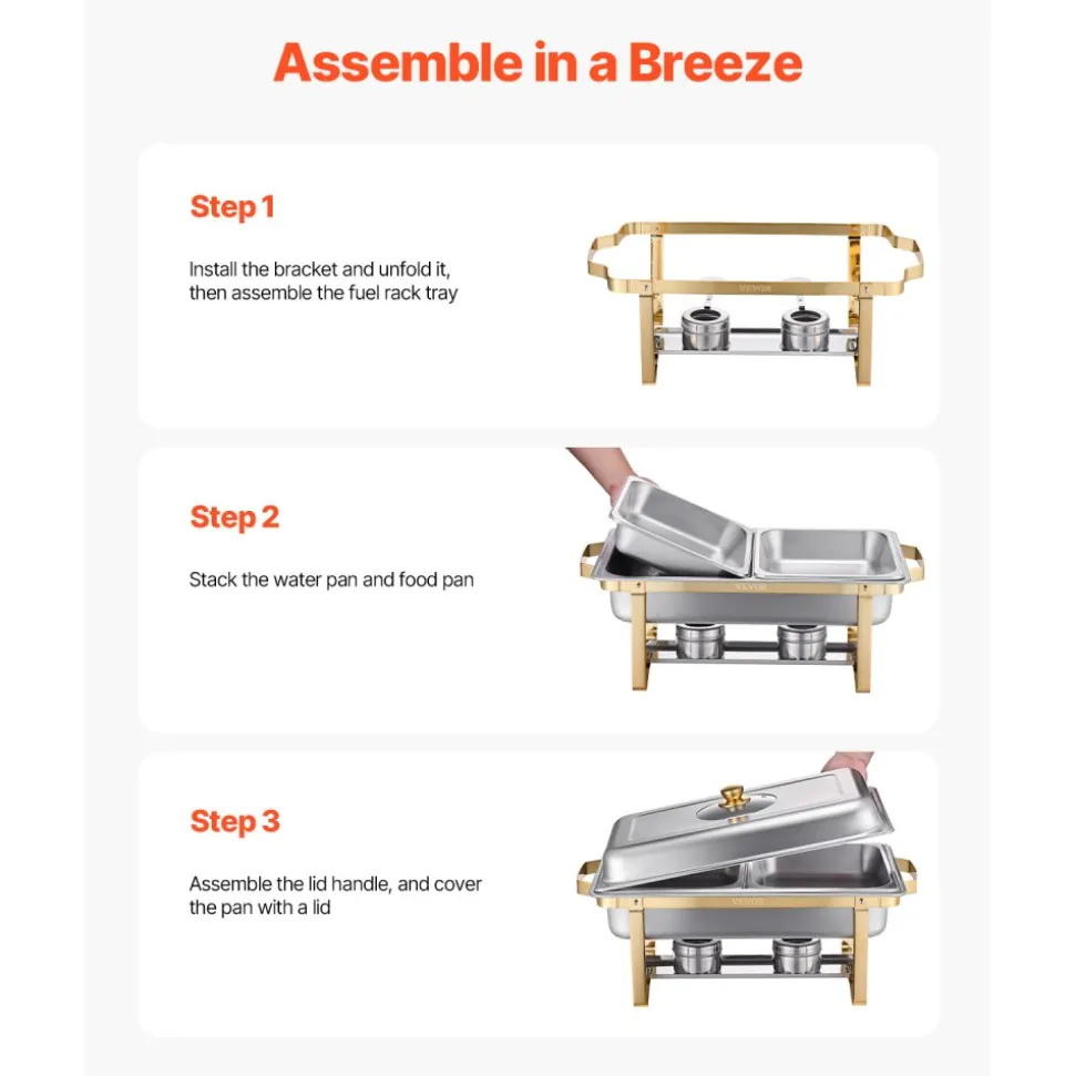 VEVOR Chafing Dish Buffet Set, 4 Qt 2 Pack, Stainless Steel Chafer with 4 Half Size Pans, Rectangle Catering Warmer Server with Glass Lid Water Pan Folding Stand Fuel Holder, for Wedding Party Banquet
