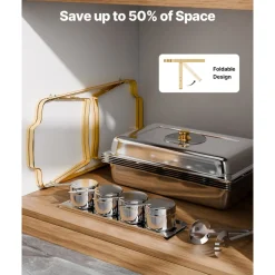 VEVOR Chafing Dish Buffet Set, 4 Qt 2 Pack, Stainless Steel Chafer with 4 Half Size Pans, Rectangle Catering Warmer Server with Glass Lid Water Pan Folding Stand Fuel Holder, for Wedding Party Banquet