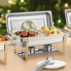 VEVOR Chafing Dish Buffet Set, 4 Qt 2 Pack, Stainless Steel Chafer with 4 Half Size Pans, Rectangle Catering Warmer Server with Glass Lid Water Pan Folding Stand Fuel Holder, for Wedding Party Banquet
