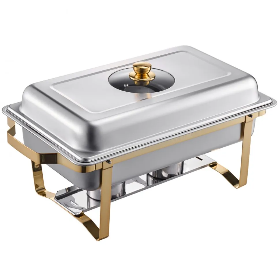 VEVOR Chafing Dish Buffet Set, 4 Qt 2 Pack, Stainless Steel Chafer with 4 Half Size Pans, Rectangle Catering Warmer Server with Glass Lid Water Pan Folding Stand Fuel Holder, for Wedding Party Banquet