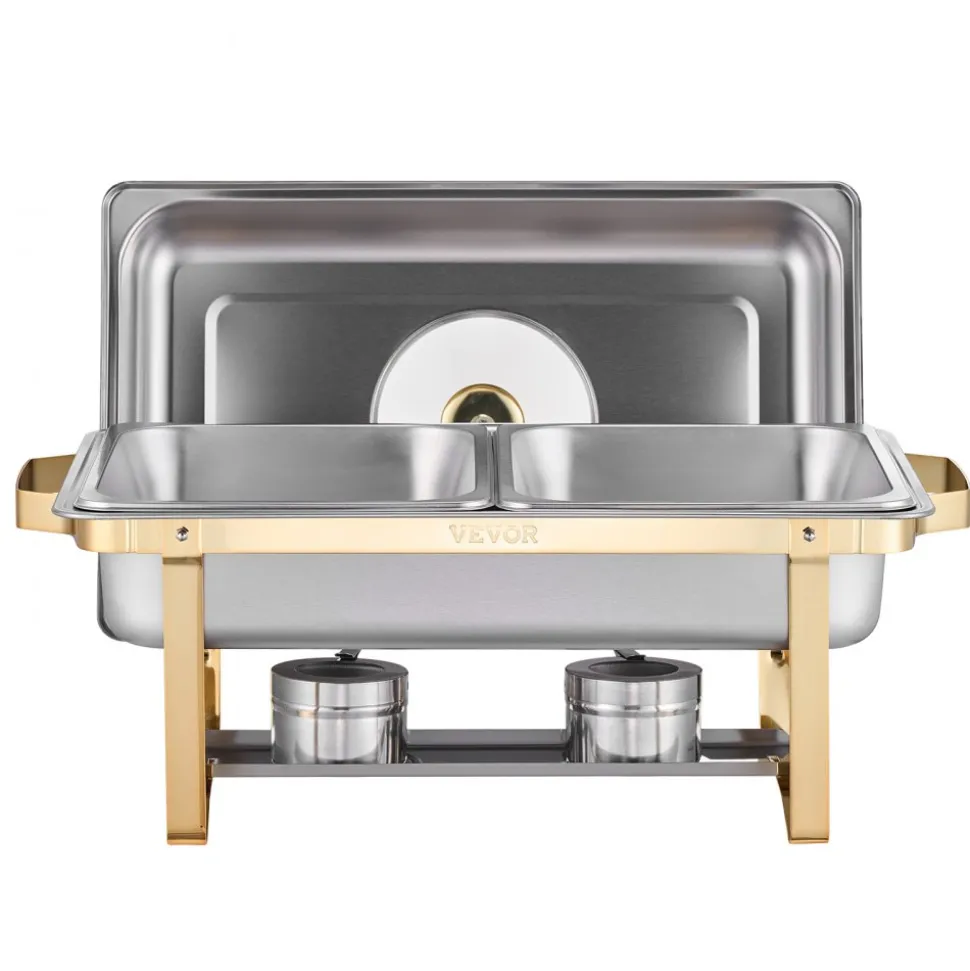 VEVOR Chafing Dish Buffet Set, 4 Qt 2 Pack, Stainless Steel Chafer with 4 Half Size Pans, Rectangle Catering Warmer Server with Glass Lid Water Pan Folding Stand Fuel Holder, for Wedding Party Banquet
