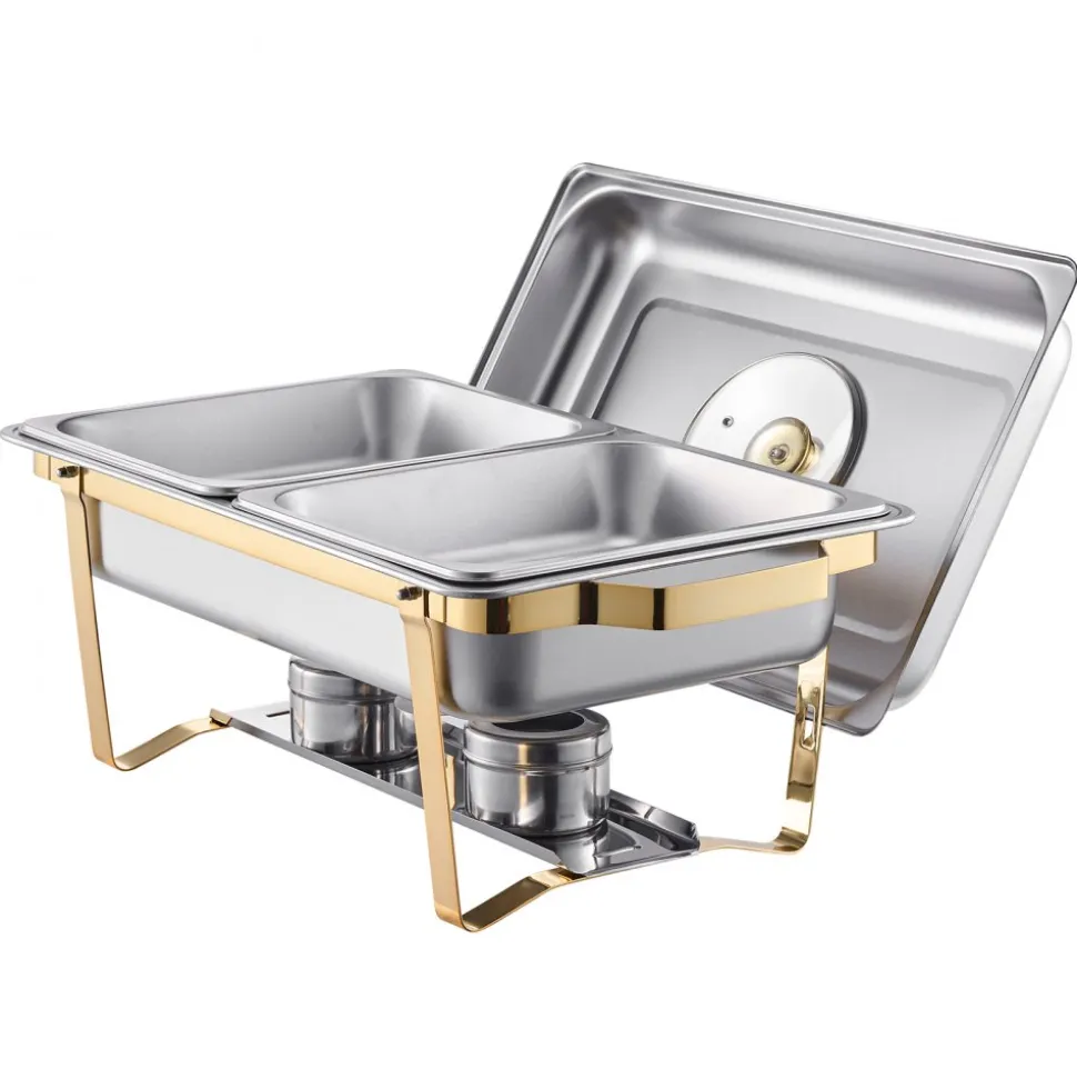 VEVOR Chafing Dish Buffet Set, 4 Qt 2 Pack, Stainless Steel Chafer with 4 Half Size Pans, Rectangle Catering Warmer Server with Glass Lid Water Pan Folding Stand Fuel Holder, for Wedding Party Banquet