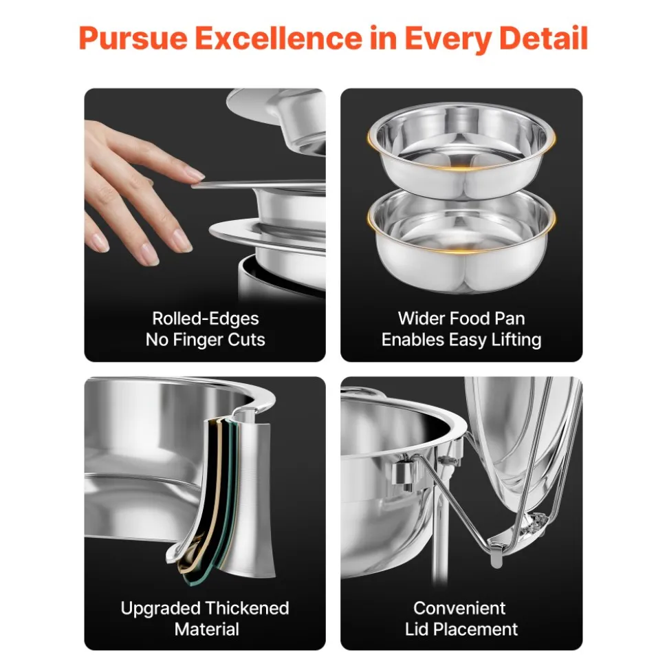 VEVOR Chafing Dish Buffet Set, 5 Qt 4 Pack, Stainless Steel Chafer with 4 Full Size Pans, Round Catering Warmer Server with Lid Water Pan Folding Stand Clip, for Weddings Parties Banquets, Silver