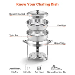 VEVOR Chafing Dish Buffet Set, 5 Qt 4 Pack, Stainless Steel Chafer with 4 Full Size Pans, Round Catering Warmer Server with Lid Water Pan Folding Stand Clip, for Weddings Parties Banquets, Silver