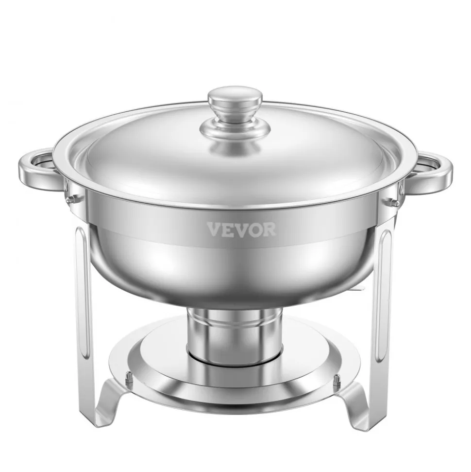 VEVOR Chafing Dish Buffet Set, 5 Qt 4 Pack, Stainless Steel Chafer with 4 Full Size Pans, Round Catering Warmer Server with Lid Water Pan Folding Stand Clip, for Weddings Parties Banquets, Silver