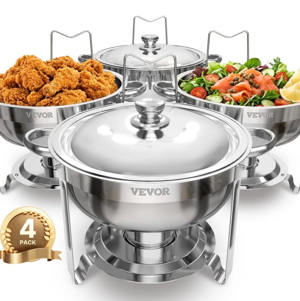 VEVOR Chafing Dish Buffet Set, 5 Qt 4 Pack, Stainless Steel Chafer with 4 Full Size Pans, Round Catering Warmer Server with Lid Water Pan Folding Stand Clip, for Weddings Parties Banquets, Silver