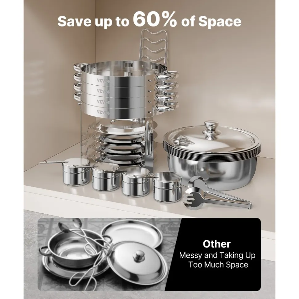 VEVOR Chafing Dish Buffet Set, 5 Qt 4 Pack, Stainless Steel Chafer with 4 Full Size Pans, Round Catering Warmer Server with Lid Water Pan Folding Stand Clip, for Weddings Parties Banquets, Silver