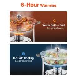 VEVOR Chafing Dish Buffet Set, 5 Qt 4 Pack, Stainless Steel Chafer with 4 Full Size Pans, Round Catering Warmer Server with Lid Water Pan Folding Stand Clip, for Weddings Parties Banquets, Silver