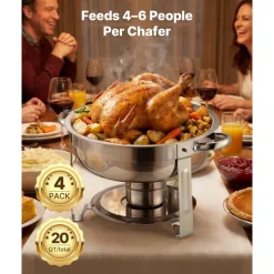 VEVOR Chafing Dish Buffet Set, 5 Qt 4 Pack, Stainless Steel Chafer with 4 Full Size Pans, Round Catering Warmer Server with Lid Water Pan Folding Stand Clip, for Weddings Parties Banquets, Silver