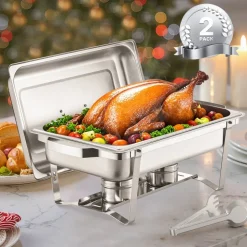 VEVOR Chafing Dish Buffet Set, 8 Qt 2 Pack, Stainless Steel Chafer with 2 Full Size Pans, Rectangle Catering Warmer Server with Lid Water Pan Stand Fuel Holder, for Weddings Parties Banquets, Silver