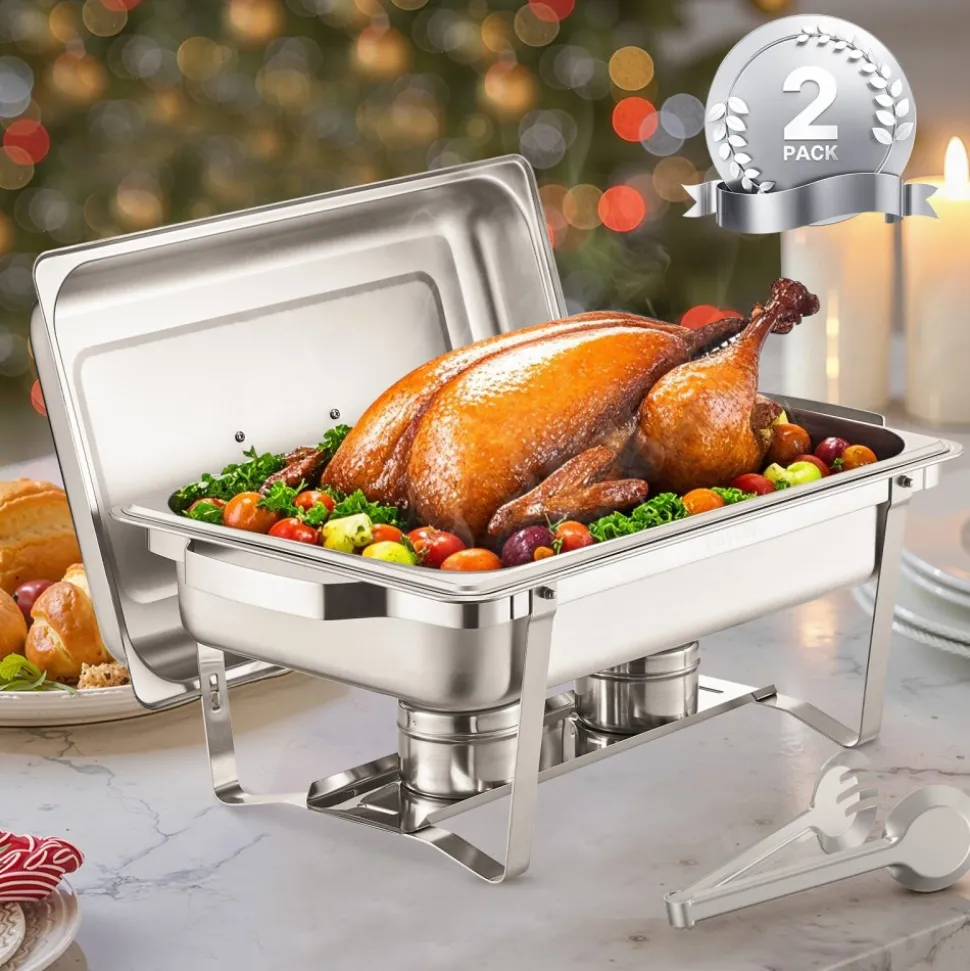 VEVOR Chafing Dish Buffet Set, 8 Qt 2 Pack, Stainless Steel Chafer with 2 Full Size Pans, Rectangle Catering Warmer Server with Lid Water Pan Stand Fuel Holder, for Weddings Parties Banquets, Silver