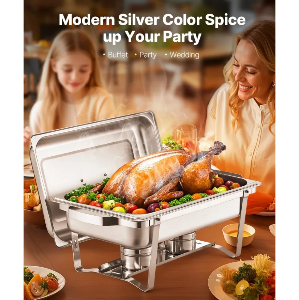 VEVOR Chafing Dish Buffet Set, 8 Qt 2 Pack, Stainless Steel Chafer with 2 Full Size Pans, Rectangle Catering Warmer Server with Lid Water Pan Stand Fuel Holder, for Weddings Parties Banquets, Silver