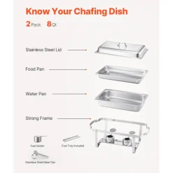 VEVOR Chafing Dish Buffet Set, 8 Qt 2 Pack, Stainless Steel Chafer with 2 Full Size Pans, Rectangle Catering Warmer Server with Lid Water Pan Stand Fuel Holder, for Weddings Parties Banquets, Silver