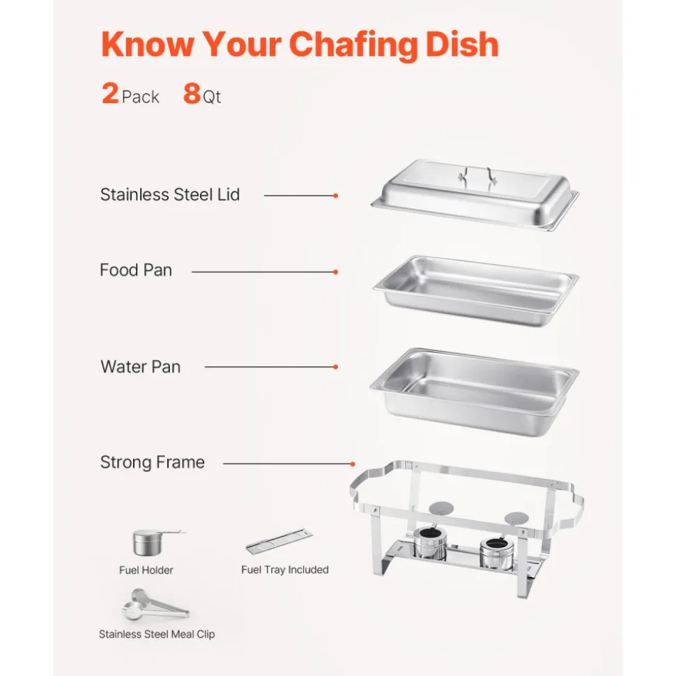 VEVOR Chafing Dish Buffet Set, 8 Qt 2 Pack, Stainless Steel Chafer with 2 Full Size Pans, Rectangle Catering Warmer Server with Lid Water Pan Stand Fuel Holder, for Weddings Parties Banquets, Silver
