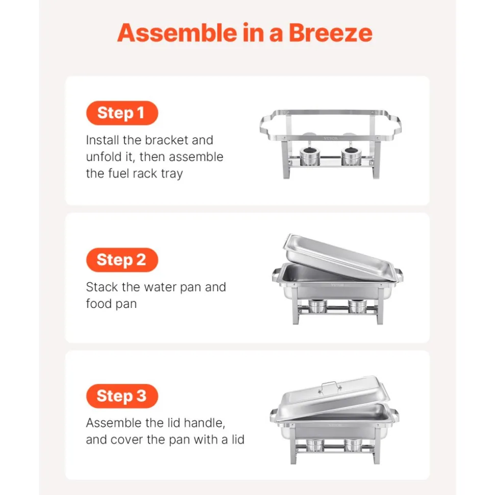 VEVOR Chafing Dish Buffet Set, 8 Qt 2 Pack, Stainless Steel Chafer with 2 Full Size Pans, Rectangle Catering Warmer Server with Lid Water Pan Stand Fuel Holder, for Weddings Parties Banquets, Silver