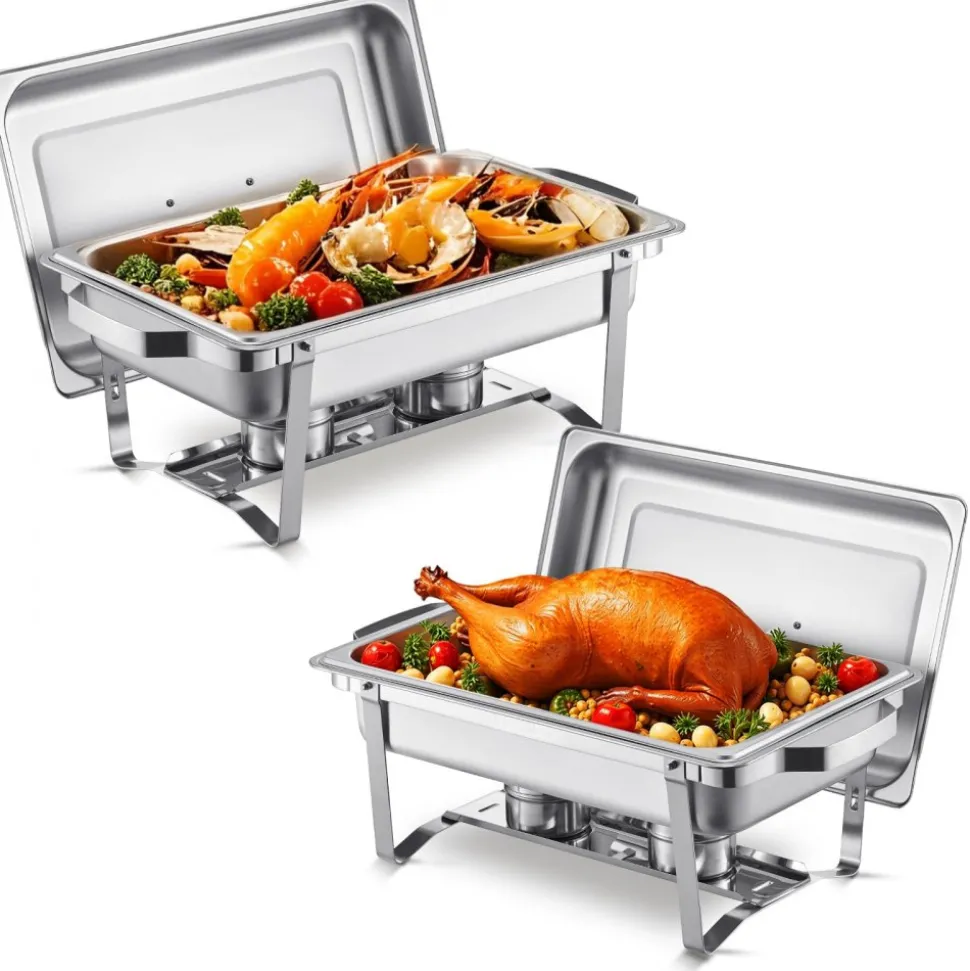 VEVOR Chafing Dish Buffet Set, 8 Qt 2 Pack, Stainless Steel Chafer with 2 Full Size Pans, Rectangle Catering Warmer Server with Lid Water Pan Stand Fuel Holder, for Weddings Parties Banquets, Silver