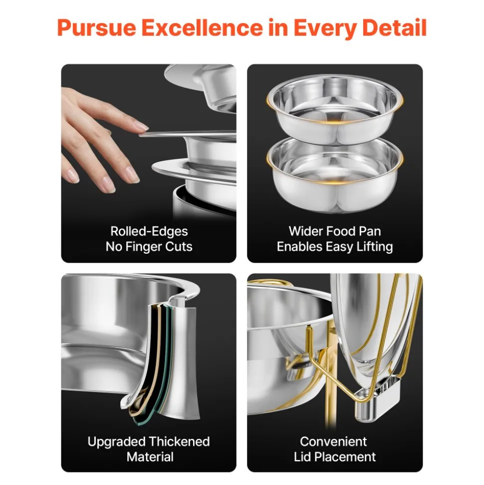 VEVOR Chafing Dish Buffet Set, 5 Qt 4 Pack, Stainless Steel Chafer with 4 Full Size Pans, Round Catering Warmer Server with Lid Water Pan Folding Stand Clip, for Weddings Parties Banquets, Gold