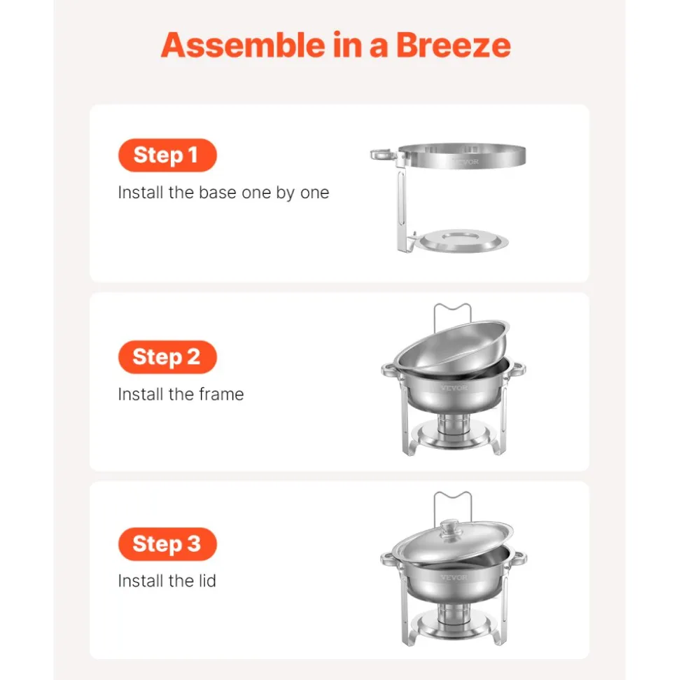 VEVOR Chafing Dish Buffet Set, 5 Qt 2 Pack, Stainless Steel Chafer with 2 Full Size Pans, Round Catering Warmer Server with Lid Water Pan Folding Stand Clip, for Weddings Parties Banquets, Silver