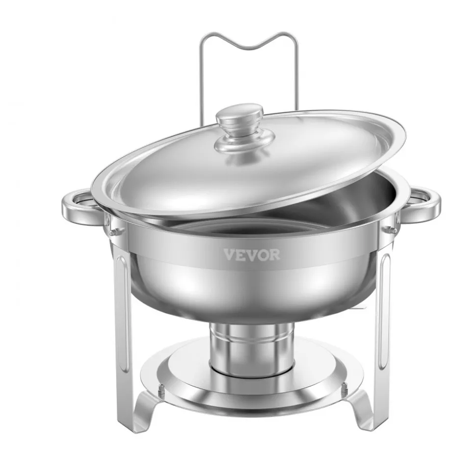 VEVOR Chafing Dish Buffet Set, 5 Qt 2 Pack, Stainless Steel Chafer with 2 Full Size Pans, Round Catering Warmer Server with Lid Water Pan Folding Stand Clip, for Weddings Parties Banquets, Silver