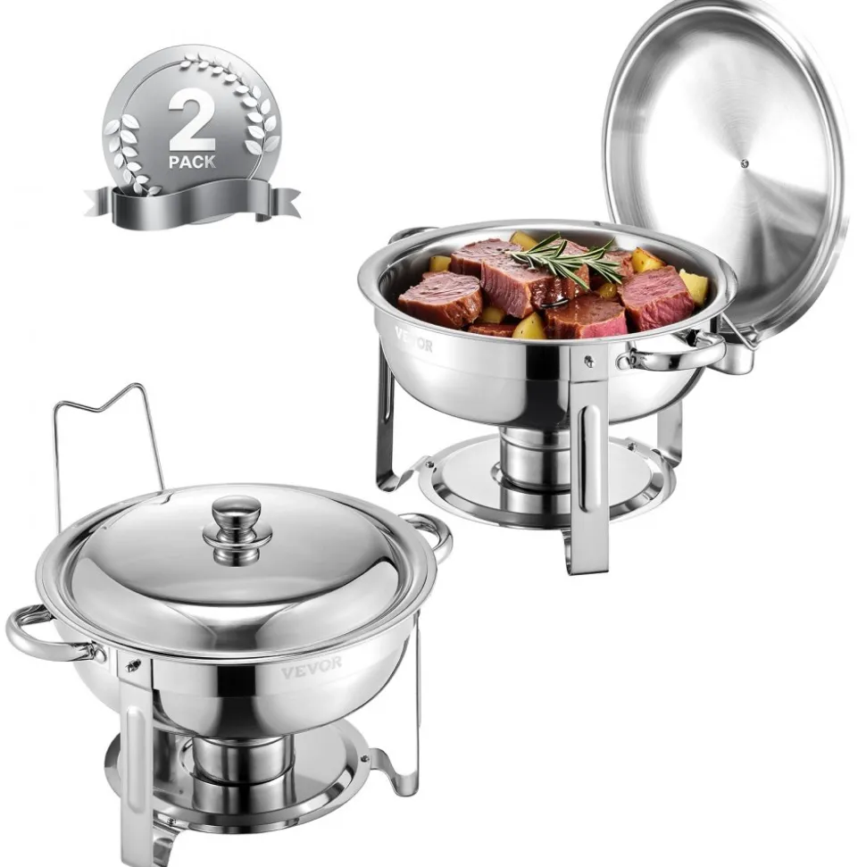 VEVOR Chafing Dish Buffet Set, 5 Qt 2 Pack, Stainless Steel Chafer with 2 Full Size Pans, Round Catering Warmer Server with Lid Water Pan Folding Stand Clip, for Weddings Parties Banquets, Silver