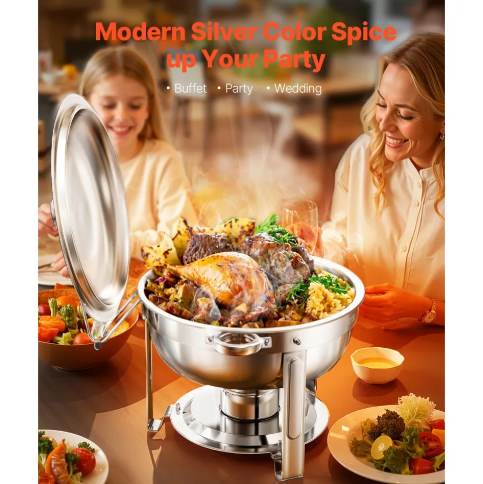 VEVOR Chafing Dish Buffet Set, 5 Qt 2 Pack, Stainless Steel Chafer with 2 Full Size Pans, Round Catering Warmer Server with Lid Water Pan Folding Stand Clip, for Weddings Parties Banquets, Silver
