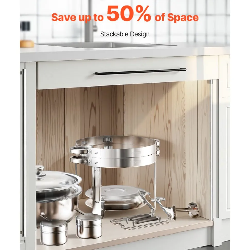 VEVOR Chafing Dish Buffet Set, 5 Qt 2 Pack, Stainless Steel Chafer with 2 Full Size Pans, Round Catering Warmer Server with Lid Water Pan Folding Stand Clip, for Weddings Parties Banquets, Silver