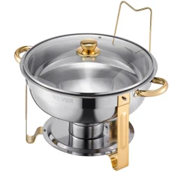 VEVOR Chafing Dish Buffet Set, 5 Qt 4 Pack, Stainless Steel Chafer with 4 Full Size Pan, Round Catering Warmer Server with Glass Lid Water Pan Folding Stand Fuel Holder, for Wedding Party Banquet, Gold