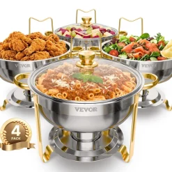 VEVOR Chafing Dish Buffet Set, 8 Qt 4 Pack, Stainless Steel Chafer with 4 Full Size Pans, Rectangle Catering Warmer Server with Lid Water Pan Stand Fuel Holder, for Weddings Parties Banquets, Silver