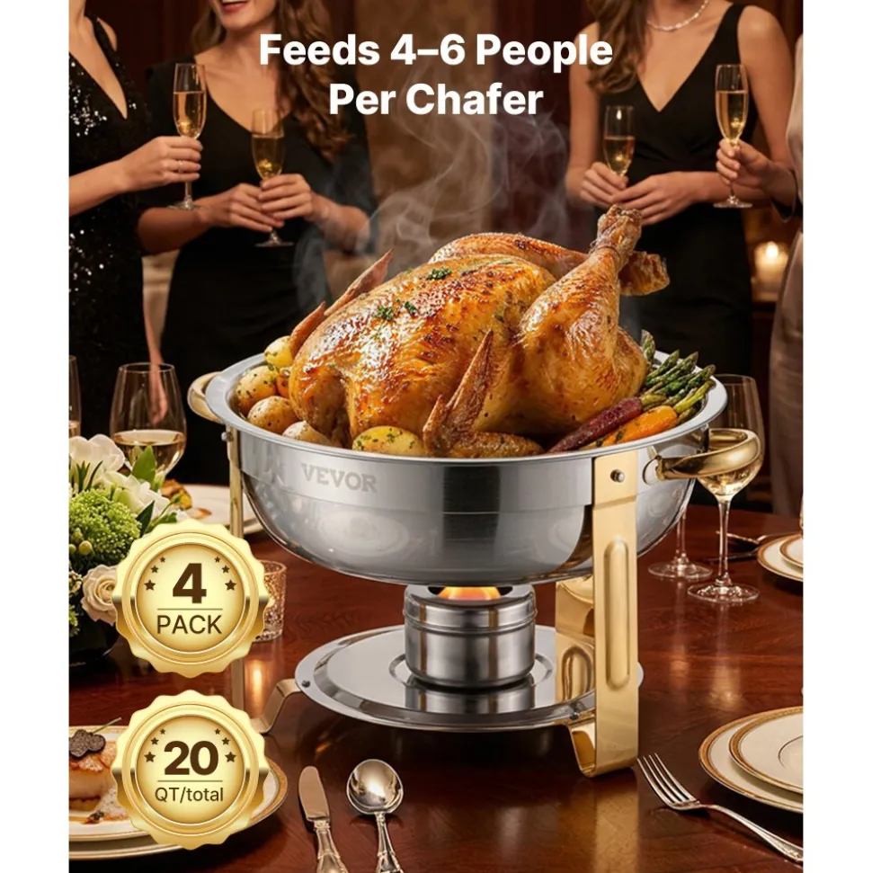 VEVOR Chafing Dish Buffet Set, 8 Qt 4 Pack, Stainless Steel Chafer with 4 Full Size Pans, Rectangle Catering Warmer Server with Lid Water Pan Stand Fuel Holder, for Weddings Parties Banquets, Silver