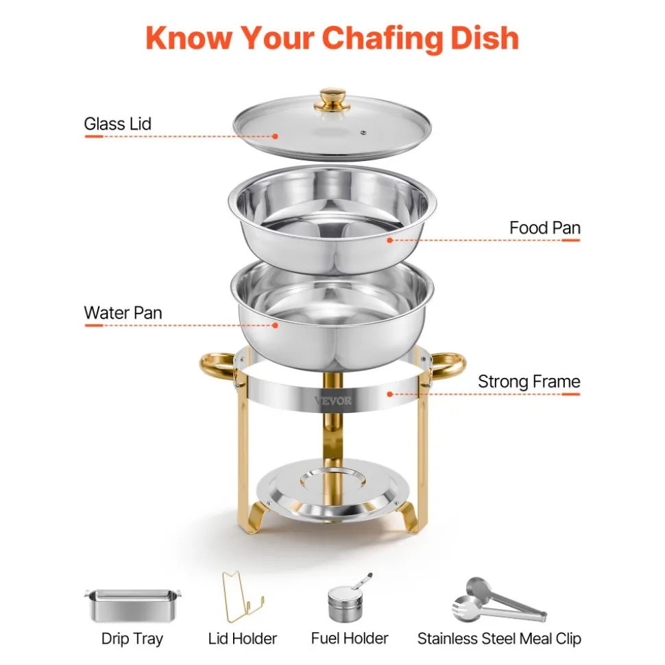 VEVOR Chafing Dish Buffet Set, 8 Qt 4 Pack, Stainless Steel Chafer with 4 Full Size Pans, Rectangle Catering Warmer Server with Lid Water Pan Stand Fuel Holder, for Weddings Parties Banquets, Silver