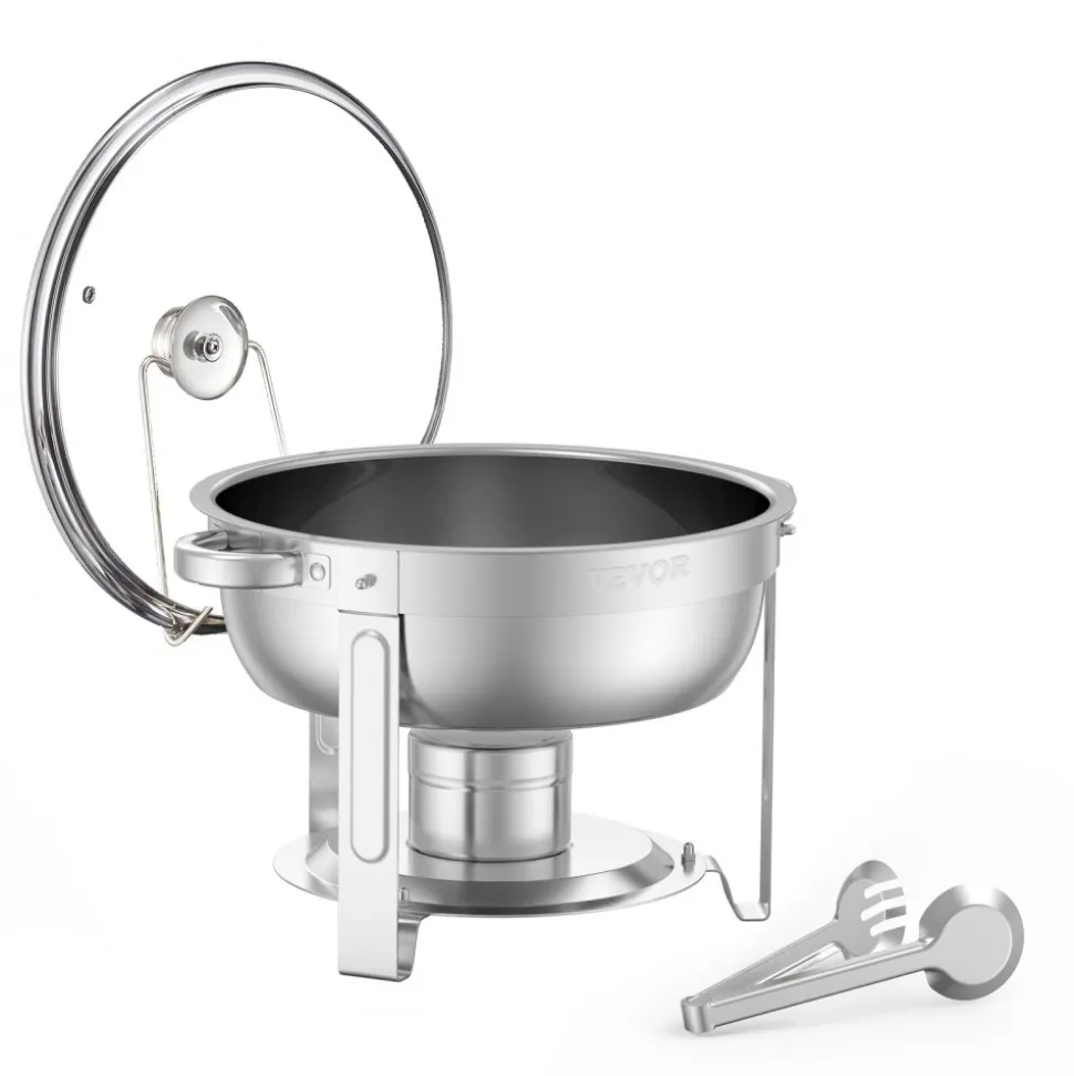 VEVOR Chafing Dish Buffet Set, 5 Qt 2 Pack, Stainless Steel Chafer with 2 Full Size Pan, Round Catering Warmer Server with Glass Lid Water Pan Folding Stand Fuel Holder, for Wedding Party Banquet, Silver