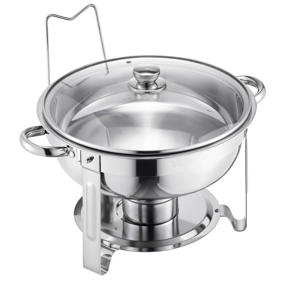 VEVOR Chafing Dish Buffet Set, 5 Qt 2 Pack, Stainless Steel Chafer with 2 Full Size Pan, Round Catering Warmer Server with Glass Lid Water Pan Folding Stand Fuel Holder, for Wedding Party Banquet, Silver