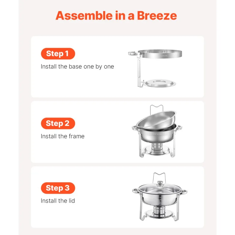 VEVOR Chafing Dish Buffet Set, 5 Qt 2 Pack, Stainless Steel Chafer with 2 Full Size Pan, Round Catering Warmer Server with Glass Lid Water Pan Folding Stand Fuel Holder, for Wedding Party Banquet, Silver