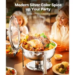 VEVOR Chafing Dish Buffet Set, 5 Qt 2 Pack, Stainless Steel Chafer with 2 Full Size Pan, Round Catering Warmer Server with Glass Lid Water Pan Folding Stand Fuel Holder, for Wedding Party Banquet, Silver