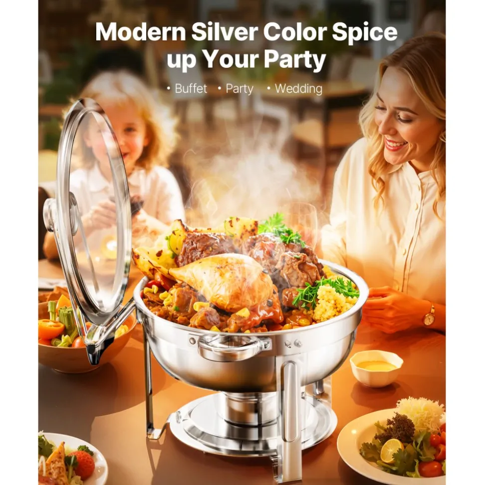 VEVOR Chafing Dish Buffet Set, 5 Qt 2 Pack, Stainless Steel Chafer with 2 Full Size Pan, Round Catering Warmer Server with Glass Lid Water Pan Folding Stand Fuel Holder, for Wedding Party Banquet, Silver