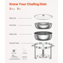 VEVOR Chafing Dish Buffet Set, 5 Qt 2 Pack, Stainless Steel Chafer with 2 Full Size Pan, Round Catering Warmer Server with Glass Lid Water Pan Folding Stand Fuel Holder, for Wedding Party Banquet, Silver