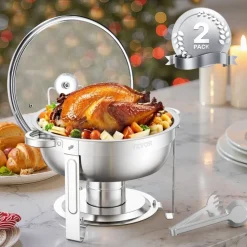 VEVOR Chafing Dish Buffet Set, 5 Qt 2 Pack, Stainless Steel Chafer with 2 Full Size Pan, Round Catering Warmer Server with Glass Lid Water Pan Folding Stand Fuel Holder, for Wedding Party Banquet, Silver