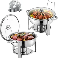 VEVOR Chafing Dish Buffet Set, 5 Qt 2 Pack, Stainless Steel Chafer with 2 Full Size Pan, Round Catering Warmer Server with Glass Lid Water Pan Folding Stand Fuel Holder, for Wedding Party Banquet, Silver
