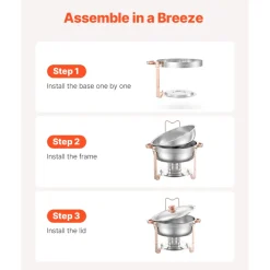 VEVOR Chafing Dish Buffet Set, 5 Qt 4 Pack, Stainless Steel Chafer with 4 Full Size Pans, Round Catering Warmer Server with Lid Water Pan Folding Stand Clip, for Weddings Parties Banquets, Rose Gold