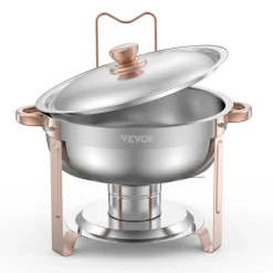 VEVOR Chafing Dish Buffet Set, 5 Qt 4 Pack, Stainless Steel Chafer with 4 Full Size Pans, Round Catering Warmer Server with Lid Water Pan Folding Stand Clip, for Weddings Parties Banquets, Rose Gold
