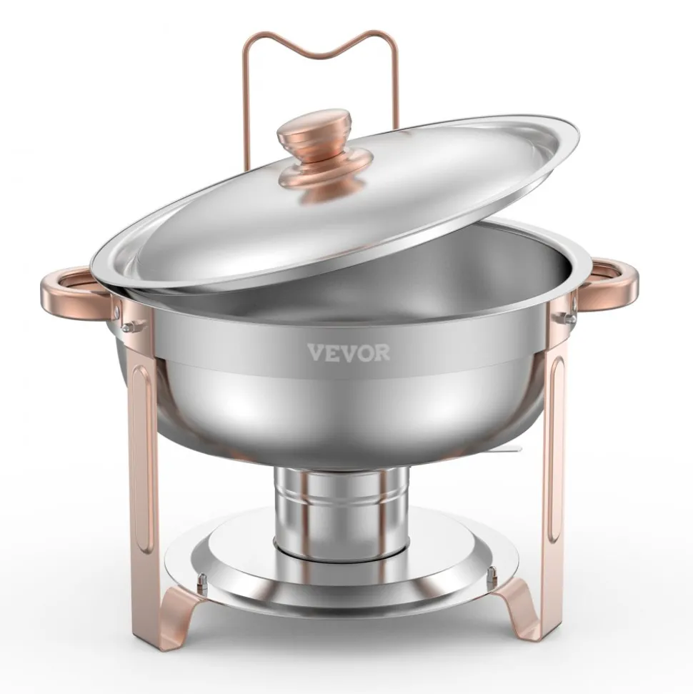 VEVOR Chafing Dish Buffet Set, 5 Qt 4 Pack, Stainless Steel Chafer with 4 Full Size Pans, Round Catering Warmer Server with Lid Water Pan Folding Stand Clip, for Weddings Parties Banquets, Rose Gold