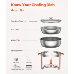 VEVOR Chafing Dish Buffet Set, 5 Qt 4 Pack, Stainless Steel Chafer with 4 Full Size Pans, Round Catering Warmer Server with Lid Water Pan Folding Stand Clip, for Weddings Parties Banquets, Rose Gold