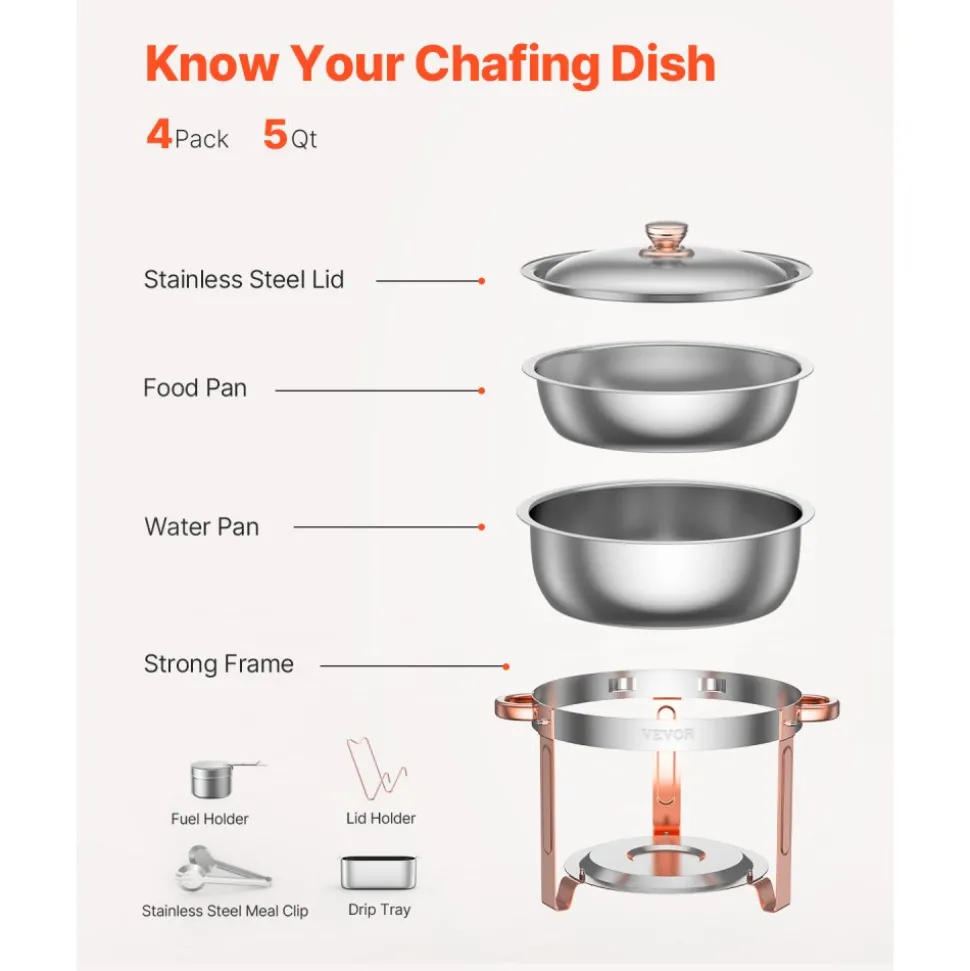 VEVOR Chafing Dish Buffet Set, 5 Qt 4 Pack, Stainless Steel Chafer with 4 Full Size Pans, Round Catering Warmer Server with Lid Water Pan Folding Stand Clip, for Weddings Parties Banquets, Rose Gold