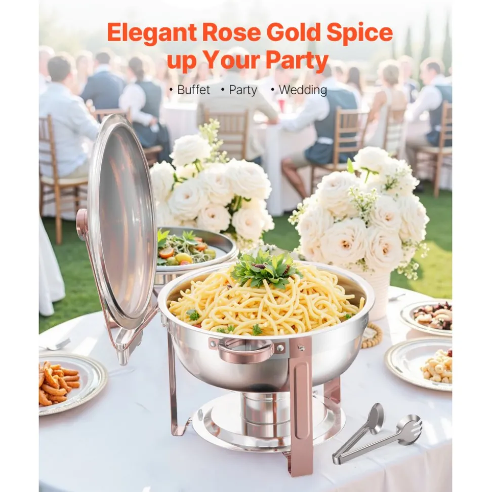 VEVOR Chafing Dish Buffet Set, 5 Qt 4 Pack, Stainless Steel Chafer with 4 Full Size Pans, Round Catering Warmer Server with Lid Water Pan Folding Stand Clip, for Weddings Parties Banquets, Rose Gold