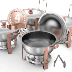 VEVOR Chafing Dish Buffet Set, 5 Qt 4 Pack, Stainless Steel Chafer with 4 Full Size Pans, Round Catering Warmer Server with Lid Water Pan Folding Stand Clip, for Weddings Parties Banquets, Rose Gold