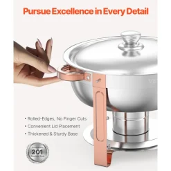 VEVOR Chafing Dish Buffet Set, 5 Qt 4 Pack, Stainless Steel Chafer with 4 Full Size Pans, Round Catering Warmer Server with Lid Water Pan Folding Stand Clip, for Weddings Parties Banquets, Rose Gold