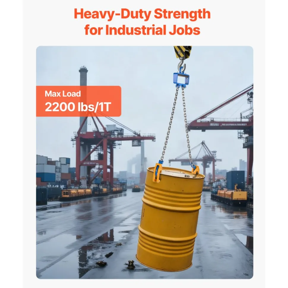 VEVOR Chain Drum Lifter, G80 Drum Lifting Chain Sling with Security Hook, 2200LBS Capacity, Drums Handling Equipment Fits for Crane Forklift, Carbon Steel Barrel Lifter for Plastic & Metal Drums