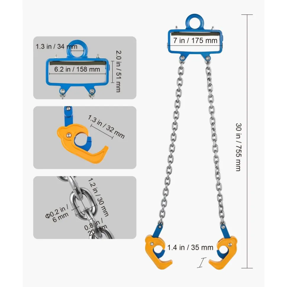 VEVOR Chain Drum Lifter, G80 Drum Lifting Chain Sling with Security Hook, 2200LBS Capacity, Drums Handling Equipment Fits for Crane Forklift, Carbon Steel Barrel Lifter for Plastic & Metal Drums