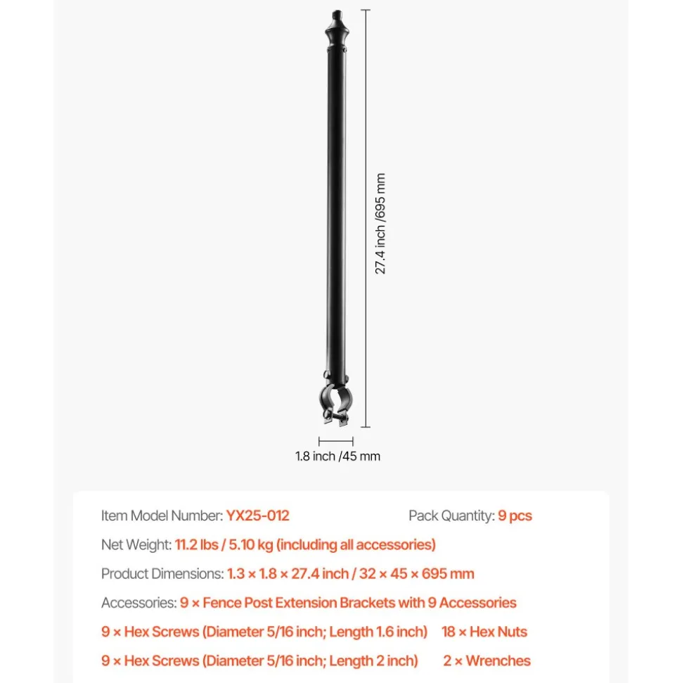 VEVOR Chain Link Fence Extensions, 9 Packs 27.4" Extension Height, Galvanized Post Extender for 1.3" to 1.5" Top of Fence, U Bracket, Barbed Wire Extend Arm for Privacy, Prevent Dogs Jumping Out