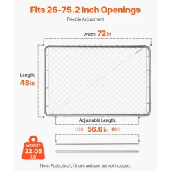 VEVOR Chain Link Fence Gate, 72 x 48 in, Adjustable Chain Link Fence Panel, Fit 2.2-6 ft (W) x 6 ft (H) Garden Fence Gate Opening, Rust-Resistant Galvanized Fencing Gate for Farm, Posts Not Included